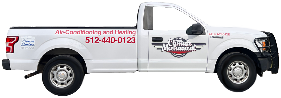 The Climate Mechanical service truck, lettered with Air-Conditioning and Heating and (512) 440-0123